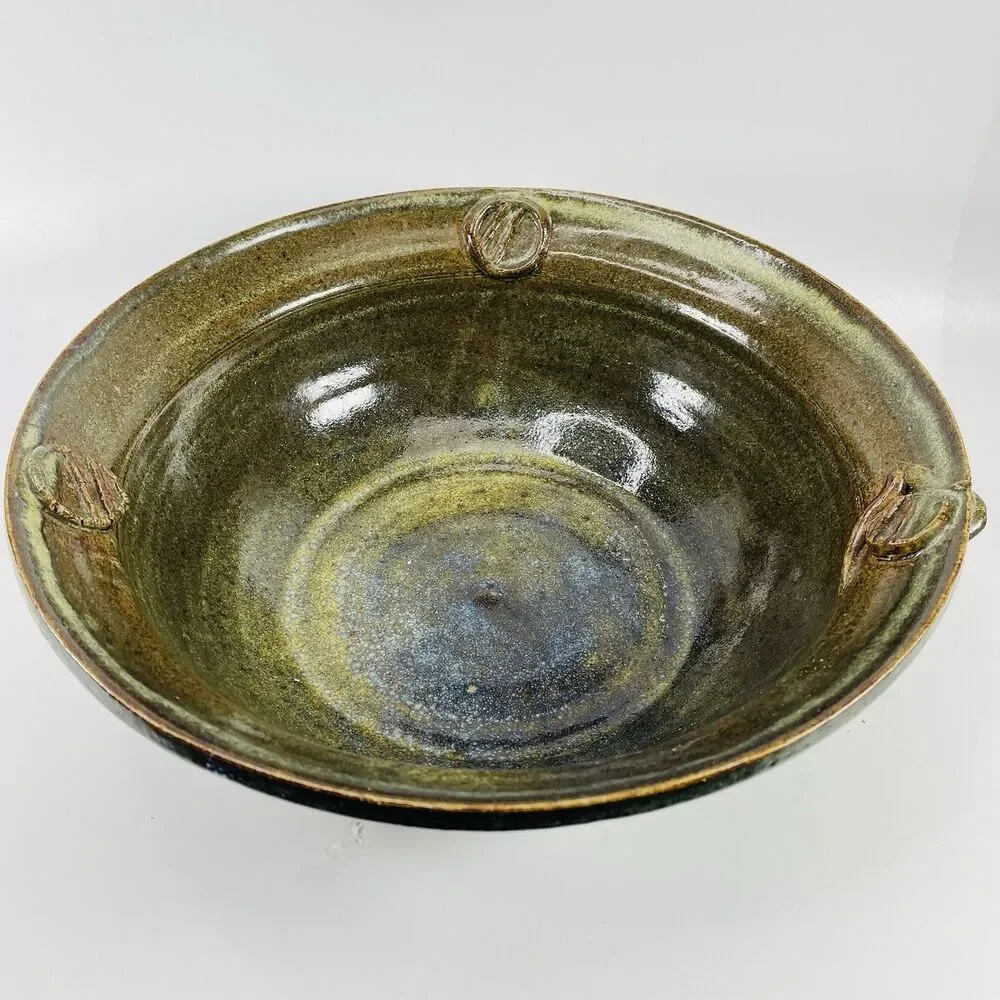 Jim Fey Studio Pottery Bowl Brown Embossed Design Nebraska 11.5” Signed